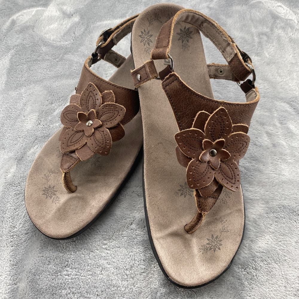 Therafit Womens Brown Leather Floral Thong Slingback Sandals Size 10.5-11
